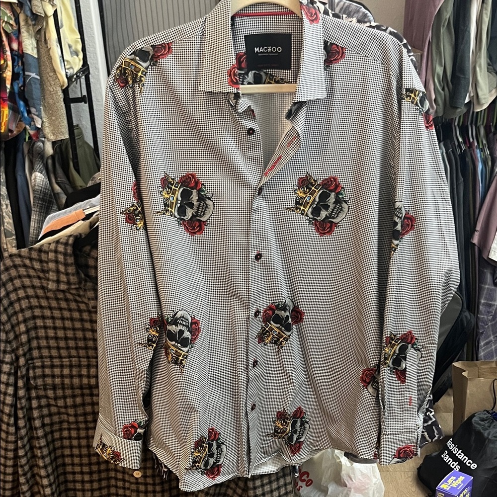 Maceoo Fabonacci Skull King Black And White Houndstooth Button Down Shirt